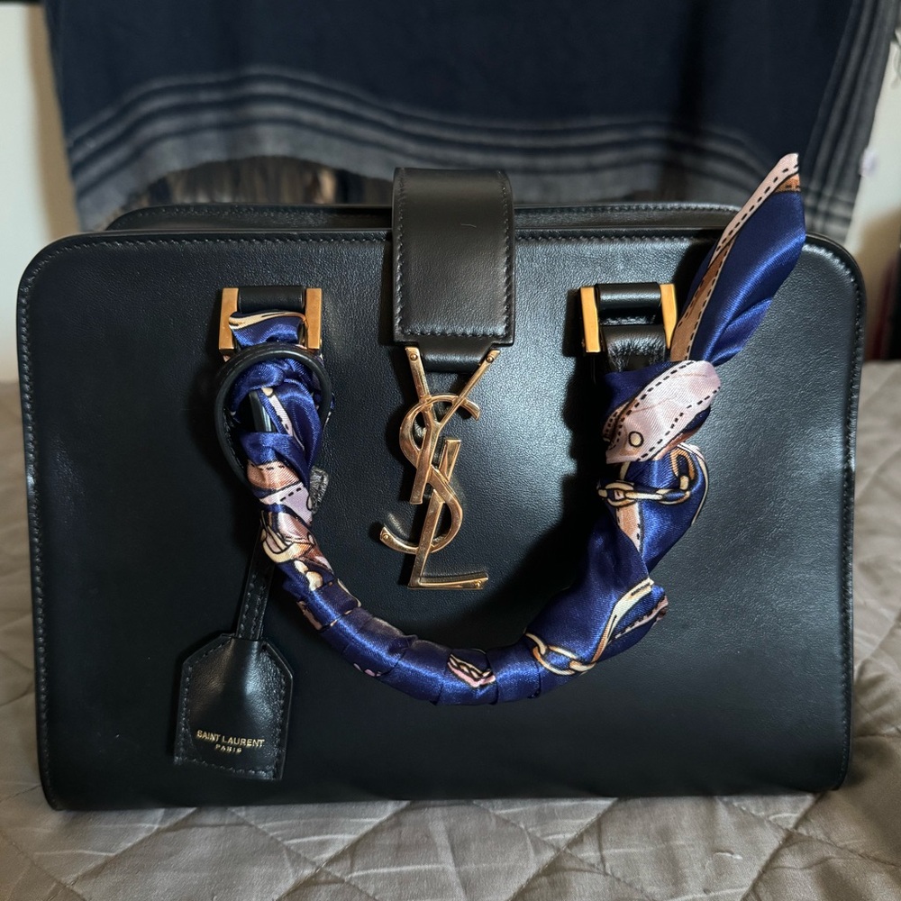 Saint Laurent Black Leather Satchel Bag with Gold Accents